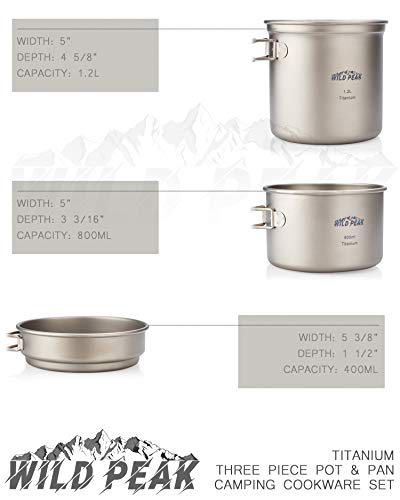 Wild Peak Titanium Lightweight 3-Piece (1.2L, 800Ml, 400Ml) Pot And Pan Camping Hiking Mess Kit Cookware Set #TOP1