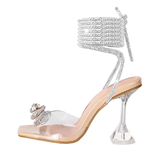 Yolkomo Women's Clear Heels Rhinestone Bow Heels Open Toe Lace Up Strappy Heels Square Toe Tie-Up Heels for Women Transparent Stiletto High Heeled Sandals Nude Size 12