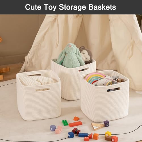 OIASKET Storage Cube 3 Pack, Woven Rope Storage Baskets for Organizing, 11 * 11 Inches Shelf Basket|Cube Storage Bin|Square Baskets for Living Room, Baby Nursery Room-White