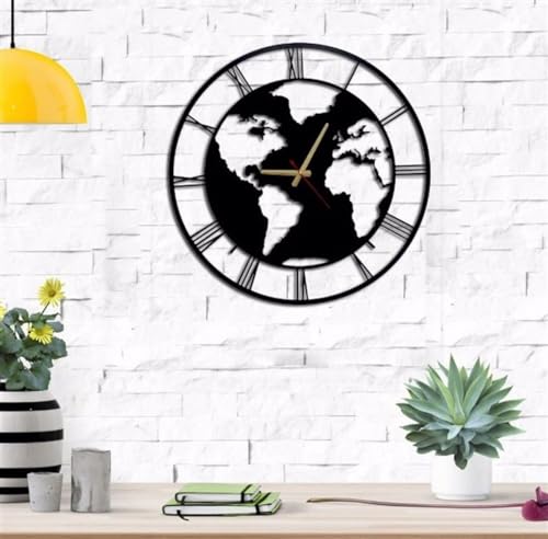 Image of World Map Wall Clock for Living Room, Modern Black & Gold Decorative Clock, Large Round Bedroom, Office Home Decor Hall, Decoration Stylish Office, Hall Contemporary Elegant
