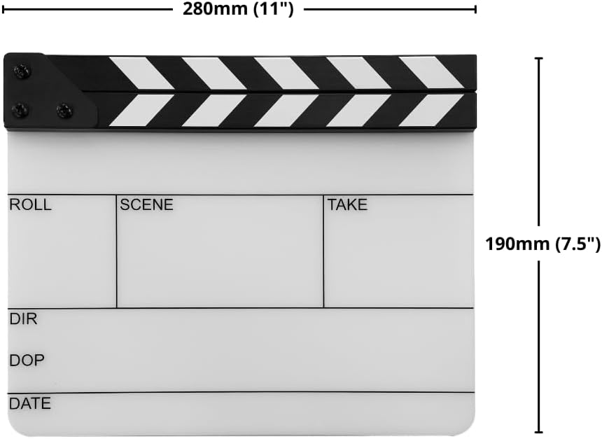 Action! by Filmsticks One-Piece USA Version Medium Clapperboard, 280 x 220 mm, UV-Printed Acrylic Film Slate with ABS Clapper Sticks, Wipe-Clean Movie Slate for Film School & Indie Filmmaking