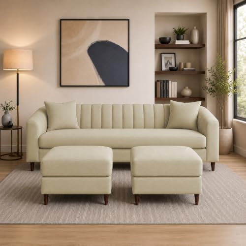 Image of Doraldo 3 Seater Sofa Set with 2 Ottoman for Living Room (Cream) Premium Fabric Sofa