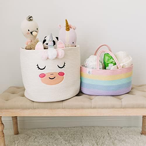 OrganiHaus Rope Nappy Caddy Basket & Baby Changing Basket | Diaper Caddy Organizer | Nursery Basket & Gifts for Newborn | Baby Organizer for Changing Table Basket Dividers & Handles - Light Rainbow