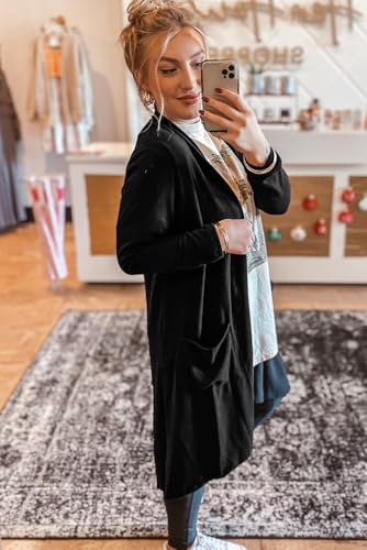 Women's Black Solid Color Open Front Cardigan with Pocket3