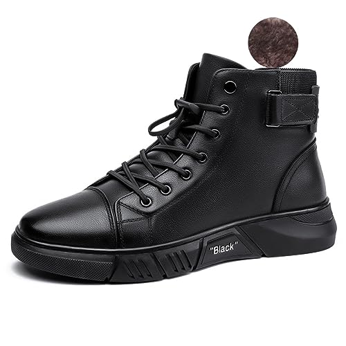 Myallfeet Men's Classic Italian High Top Cashmere Leather Boots Non-Slip Shock Absorber Side Zipper Business Ankle Boots Classic Fashion Casual Round Toe Leather Chukka Boots (black plush,7.5,7.5)