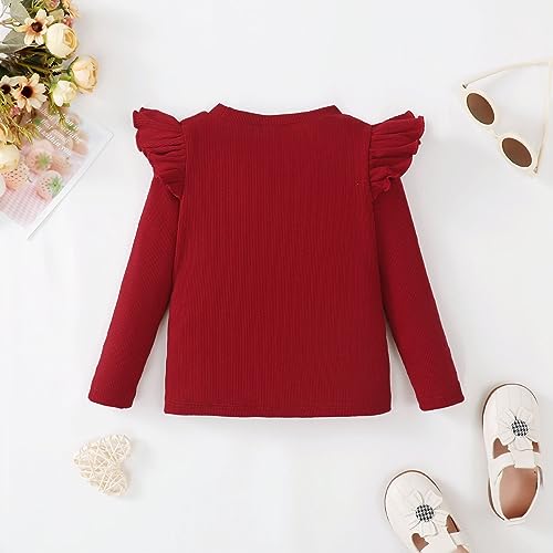 OPAWO Toddler Girl Shirts Ruffle Long Sleeve Baby Tee Tops, Ribbed Toddler Girl Blouse, Fall Baby Girl Clothes 2-Pack 12M-5T(Burgundy Apricot, 5T) - Thumbnail 7