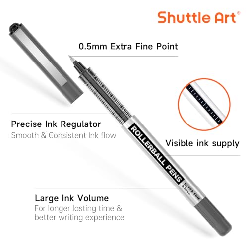Shuttle Art Rollerball Pens, 10 Pack 0.5mm Extra Fine Point Black Liquid Ink Pens, Quick Drying & Long Lasting Pens Black Ink for Writing, Journaling, Notes Taking, School Office Supplies