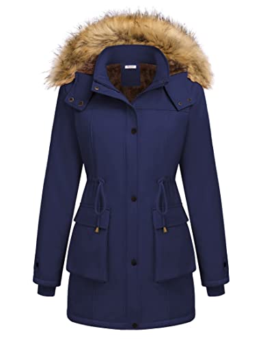 Beyove Chaqueta de invierno para mujer, abrigo largo otoño, parka de invierno, chaqueta cálida con piel, capucha desmontable S-XXL, azul marino, M Cover