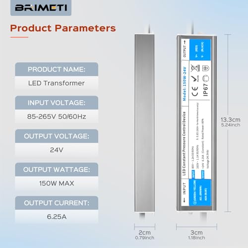 BRIMETI LED Trafo 24V 150W Wasserdicht IP67 LED Treiber Netzteil 6,25A Mit Stecker Schaltnetzteil Transformator AC 230V auf DC 24 Volt Außenbereich, Kompakter Dünner Konstantspannung Niedervolttrafo