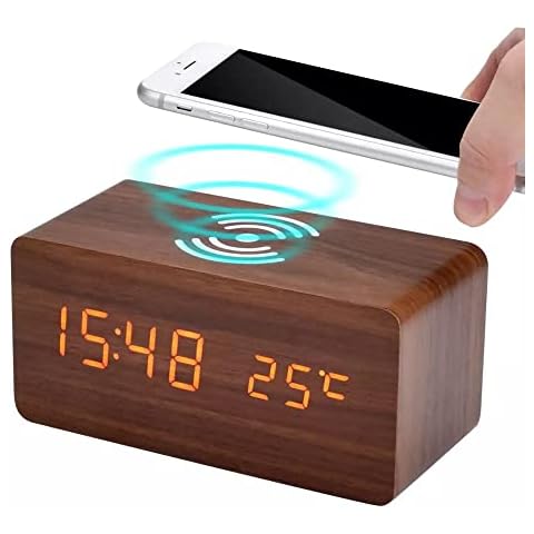 LED Wooden Digital Alarm Clock Qi Wireless Charging, Day Date Temperature Display Bedside with 3 Alarm Settings, Adjustable Brightness, USB/Battery Powered Sound Control for Bedroom, Livingroom, Desk Cover