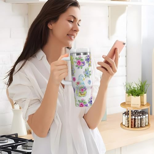 40 oz Tumbler with Straw & Handle - 2 in 1 Lids Leak Proof Tumblers - Large Insulated Stainless Steel Cup - BPA-Free Water Bottle Travel Metal Mug for Women Man, Cute Gnomes Gnome with Spring Floral by YNNALE - Used condition - Image 4