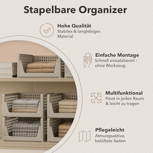 Ally Maison® Schrank Organizer 3er Set (Faltbar & Stapelbar) – Kleiderschrank Organizer Boxen, platzsparende Aufbewahrungsbox aus Kunststoff – für Schrank, Bad, Küche & Büro geeignet – Beige