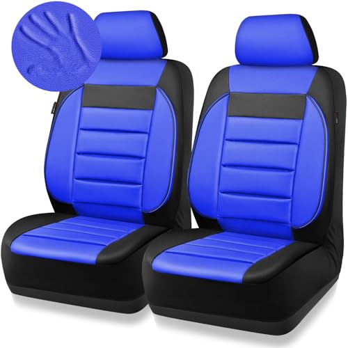 Image of CAR PASS Leather Car Seat Covers Front Seats Only, Universal Fit Automotive Interior Waterproof 3D Foam Back Support Car Seat Covers for Trucks Vans and SUVs Airbag Compatible 2 Pieces Black Blue