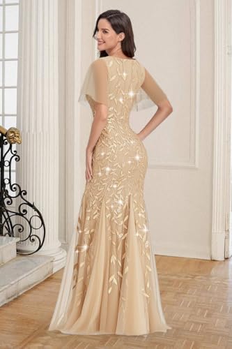 Women‘s Formal Dress Sparkly Sequin Tulle V Neck Bodycon Ruffles Sleeve Mermaid Evening Party Long Dresses3