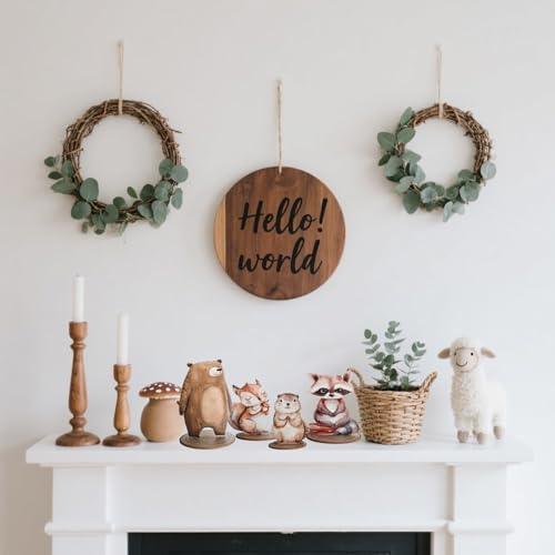 Image of 12Pcs Woodland Animal Figurines and Wooden Table Signs Enchanted Forest Decor Rustic Tiered Tray Centerpieces for Baby Shower Birthday Camp Party Supplies Cake and Tabletop Decoration (Forest Animal)