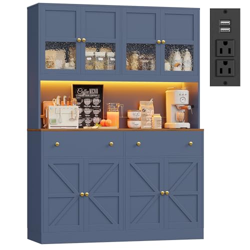 Image of FINETONES 71 inch Pantry Cabinet with LED Light and Charging Station, Farmhouse Kitchen Pantry Cabinet with Microwave Stand, 47.2 inch Wide Kitchen Hutch Food Pantry with Open Countertop, Blue