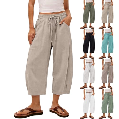 ZGTWHZY Linen Barrel Pants Women,Linen Capri Pants For Women 2026 Summer Casual Lightweight Beige Loose Fit Plus Size Flowy Barrel Wide Leg Drawstring Elastic Waist Palazzo Trousers With Pockets,L