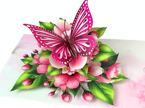 SENDAPOP Butterfly Birthday Card, Pop Up Birthday Cards for Women, Flying Butterfly, Cherry Blossom Flower, Mothers Day Pop Up Card, 3D Greeting Cards for All Occasion