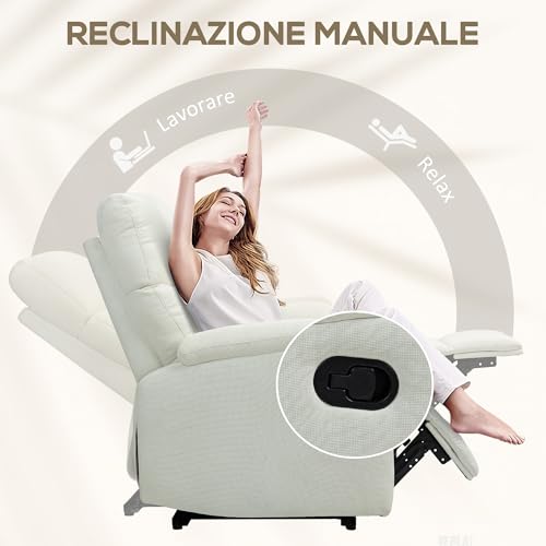 HOMCOM Poltrona Relax Reclinabile Manuale 60°, Poltrona con Poggiapiedi, Poltroncina Reclinabile con Schienale Imbottitura Spessa in Tessuto per Camera da Letto, Salotto e Soggiorno, Crema - 4