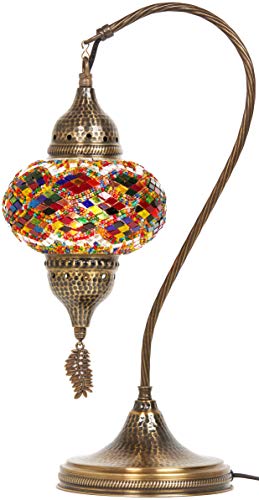 Turkish Moroccan Tiffany Style Handmade Colorful Mosaic Table Desk Bedside Night Swan Neck Lamp Light Lampshade With Hammered Metal Body And Hanging Metal Leaf, 19" #TOP1