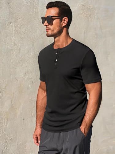 Runcati Camiseta masculina Henley manga curta casual malha canelada verão slim fit Workout Muscle To