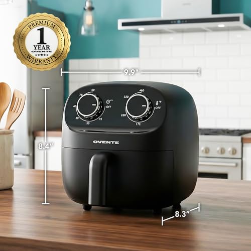 OVENTE 2QT Compact Air Fryer for 1–2 People, 900W Small Oil-Free Fryer with Manual Dual Knobs, Adjustable Temperature, 60 Minute Timer, Auto Shutoff & Dishwasher Safe Nonstick Basket, Black FAM18900B by OVENTE - Used condition - Image 8