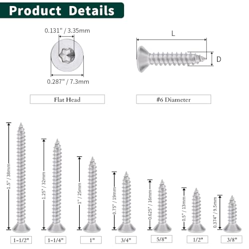 #6 x 1-1/4\" Flat Head Torx Drive Self Tapping Screws, 304 Stainless Steel 18-8 Wood Screw Sheet Metal Screw, Star Drive, Full Thread Coverage, 100-pack - Thumbnail 4