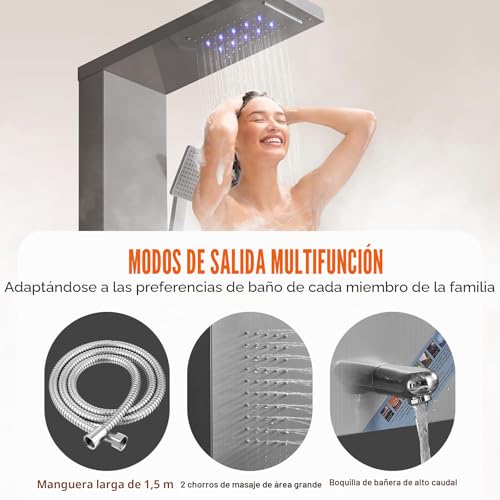 Miniatura 3 de Vevor Sistema De Panel De Ducha Con 5 Modos, Torre De Panel De Ducha Led, Lluvia, Cascada, 2 Chorros De Masaje Corporal, Cabezal De Ducha De Mano Con Manguera De 1,5 M, Juego De Ducha