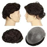 Topunique 0.08mm Thin Skin Mens Toupee Human Hair, V-Looped Hairline 8x10 Inch PU Base 110% Medium Density Remy Human Hair System for Men #2 Dark Brown