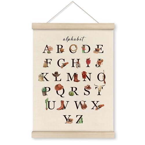 Image of HRQKO Western Alphabet Poster Hanger Frame, Western Nursery Decor, Cowboy Nursery ABC Poster Wall Art with Wooden Frames, Alphabet Banner Wall Hanging Decor for Boys Cowboys Room,12x16 Inch