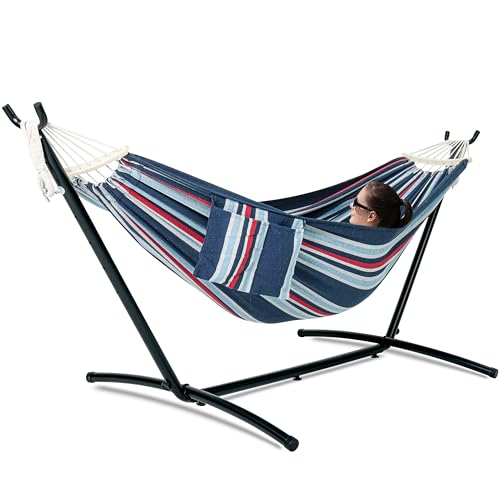 Image of GAFETE Double Hammocks with Stand for Outside, Max 600lbs, (Night) | Upgraded Spreader Bar, 9FT Heavy Duty & Space Saving Stand, Easy Assemble, Convenient Side Pocket, Indoor & Outdoor, Patio