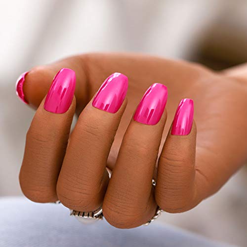 Woeoe Hot Pink Fake Nails Long Coffin Acrylic Press on Nails Tips Glossy Acrylic Full Cover Solid Color False Nails Art for Women and Girls (Pack of 24)