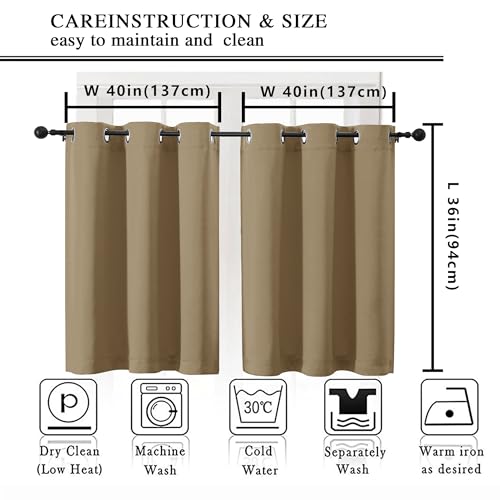 Image of Simplebrand Taupe Short Cafe Curtains 36 Inch Length 2 Panels Set, Half Window Grommet Privacy Drape Tiers for Kitchen, Thermal Insulated Room Darkening Curtains for Bathroom Shades, W40 x L36