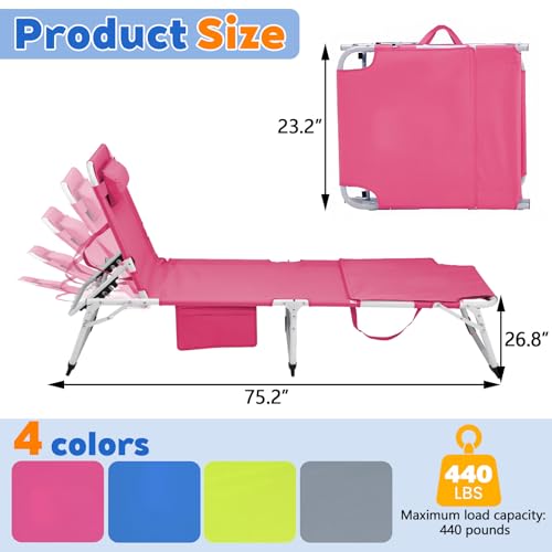 3-in-1 Heavy Duty Tanning Chair with Face Hole Adjustable 5-Position Folding Chaise Lounge Chairs Portable Lay Flat Beach Lounge Chair for Outdoor Sunbathing Patio Pool Lawn Camping Deck (Pink)