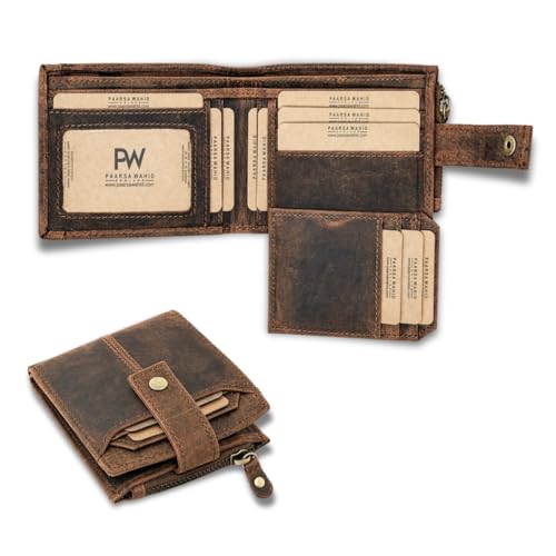Image of PW Mens Leather Wallet with Zip Coin Pocket – RFID Blocking Slim Wallet for Men | Genuine Top Grain Leather Wallet with Card Slots & Cash Compartment (Brown)