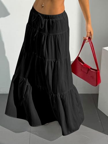 Image of Verdusa Women's Long Maxi Skirt Boho Flowy Flared Ruffle Skirts 2026 Beach Vacation Summer Going Out Outfits