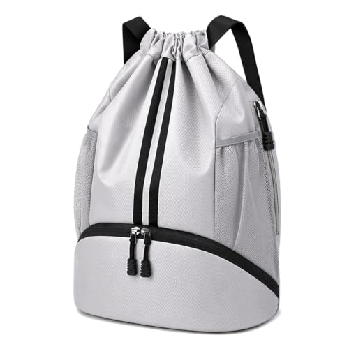 Sports Drawstring Backpack - Swim Gym Bag for Women and Men, Grey Black