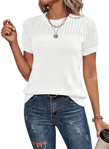 Dokotoo Summer Tops for Women Fashion 2025 Casual Solid Round Neck Pullover Sweaters Shirts Lightweight Short Sleeve Knit Hollow Out Cute Tunic Tops Elegant Loose Fit Tee Shirts Blouses White Large