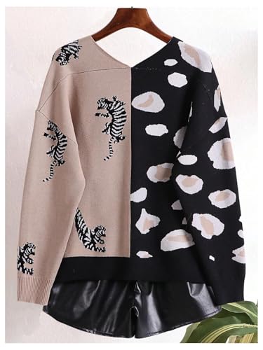 Leopard Cardigan for Women Tiger Print Color Block V Neck Sweaters Long Sleeve Lightweight Button Down Outwear Black L2