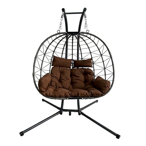 Clyrava Brown Double Hanging Egg Chair Outdoor - Hammock Patio Swing Chair with Stand, Large Wicker 2 Person Egg Chair Indoor with Cushion Loveseat, 700LBS Capacity Swing Chairs for Patio, Backyard