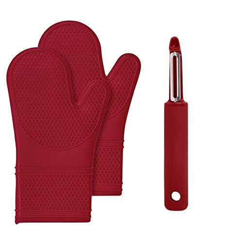 Gorilla Grip Silicone Oven Mitts Set Of 2 And Vegetable Peeler, Both In Red Color, Oven Mitts Have Soft Quilted Lining, Peeler Has Swivel Blade, 2 Item Bundle #TOP23