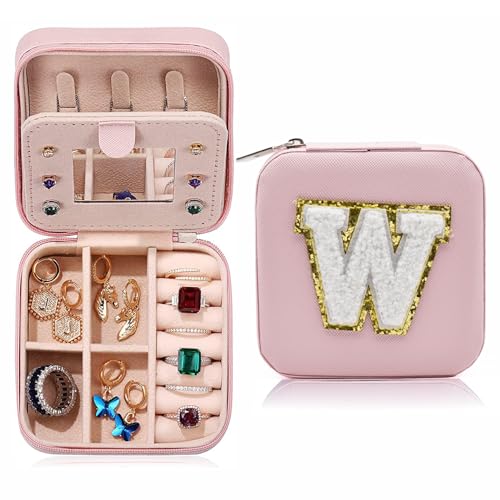 Travel Jewelry Case for Women Fashion, Ring Necklace Earring Jewelry Holder Organizer Box, Small Portable Personalized Pink Jewellery Storage Box, Christmas Gifts Initial W