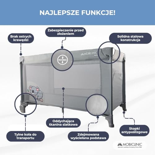 Mobiclinic®, Łóżeczko turystyczne, 2 w 1, Ultrakompaktowe składanie, Wyjmowany materac, Mofli, Do 15 kg, Oddychająca tkanina, Kojec dla dziecka, Kółka (szary)
