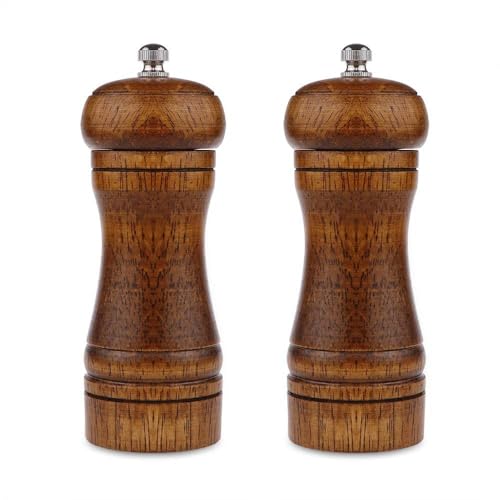 Pepper Mill, 2Pack 5 inch Oak Pepper Grinder with Adjustable Coarseness,