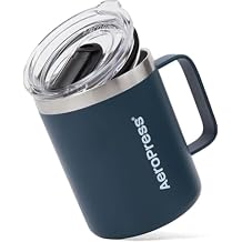 AeroPress Travel Coffee Mug with Handle, Double-Wall Vacuum Insulated Stainless Steel with Splash-Resistant Slider Lid, Compatible for Hot or Cold Drinks, Dishwasher Safe, 12 oz, Blue