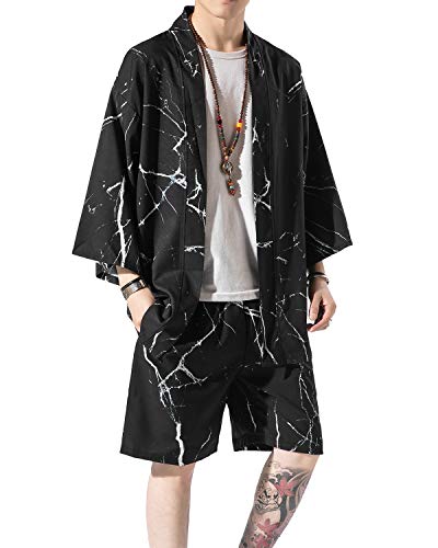 PRIJOUHE Men's Casual 2 Piece Summer Outfits Stylish Japanese Kimono With Shorts Lightweight 3/4 Sleeve Beach Robe Set - Thumbnail 7