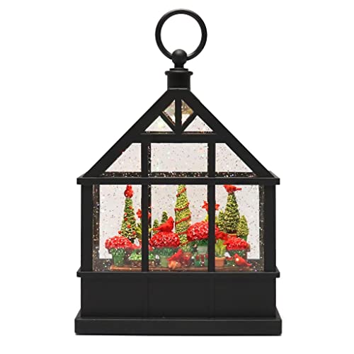 LIGHTED WATER GREENHOUSE WITH CHRISTMAS FLOWERS AND CARDINALS