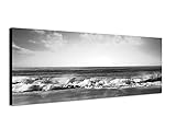 Echter Holzrahmen Augenblicke Wandbilder Keilrahmenbild Panoramabild SCHWARZ/Weiss 150x50cm Strand Meer Wellen Sonnenuntergang