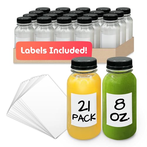 [21 Pack] [8 Oz] Round Plastic Juice Bottles With Caps & Sticker Labels | Clear, Empty For Juicing 8oz | Disposable, Reusable Containers For Juicing, Smoothies