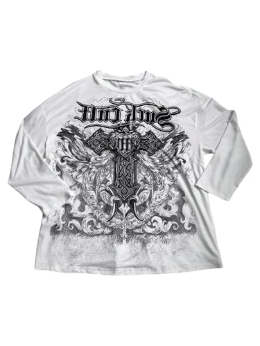 BEAUDRM Women's Plus Size Gothic Tops Graphic Long Sleeve Crew Neck Loose Grunge Shirts Streetwear White X-Large Plus